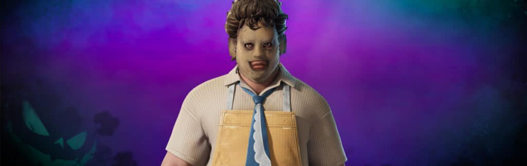 Leatherface stands ominously against a purple and teal backdrop, embodying the eerie spirit of Fortnitemares 2024.