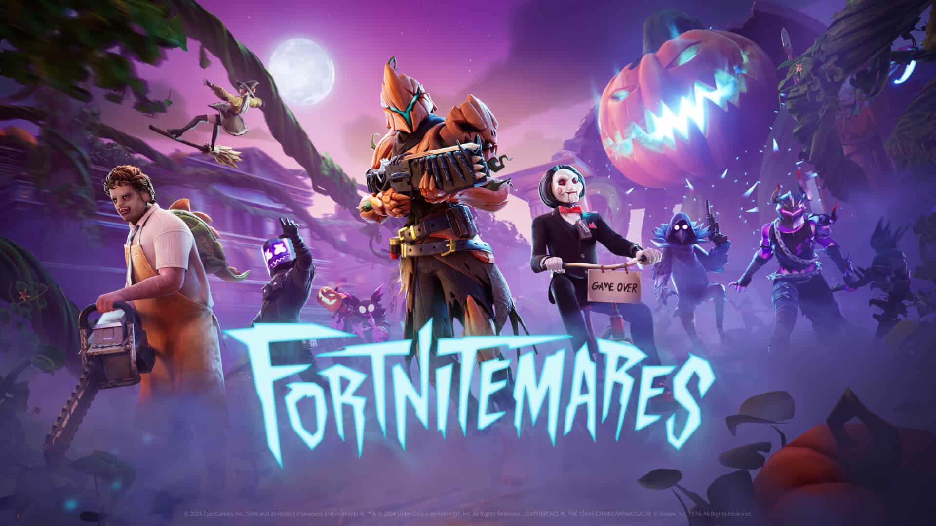 A Fortnitemares 2024 scene unfolds with costumed characters under a haunting full moon, capturing the eerie essence of Halloween in Fortnite.