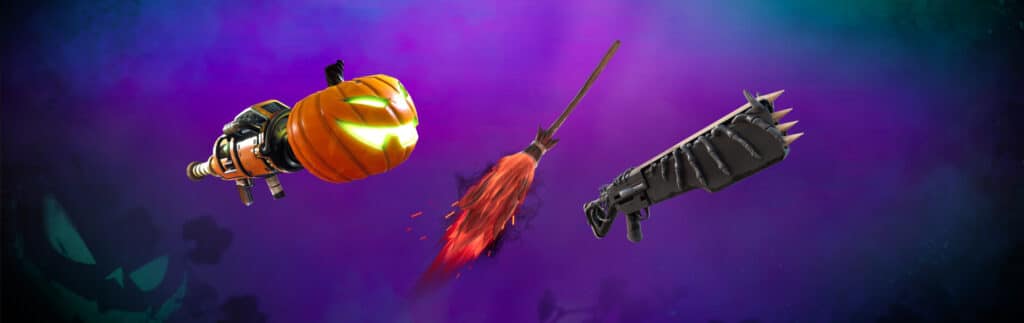 Items unvaulted in Fortnitemares 2024. A pumpkin launcher, a rocket in mid-air, and a spiked bat.