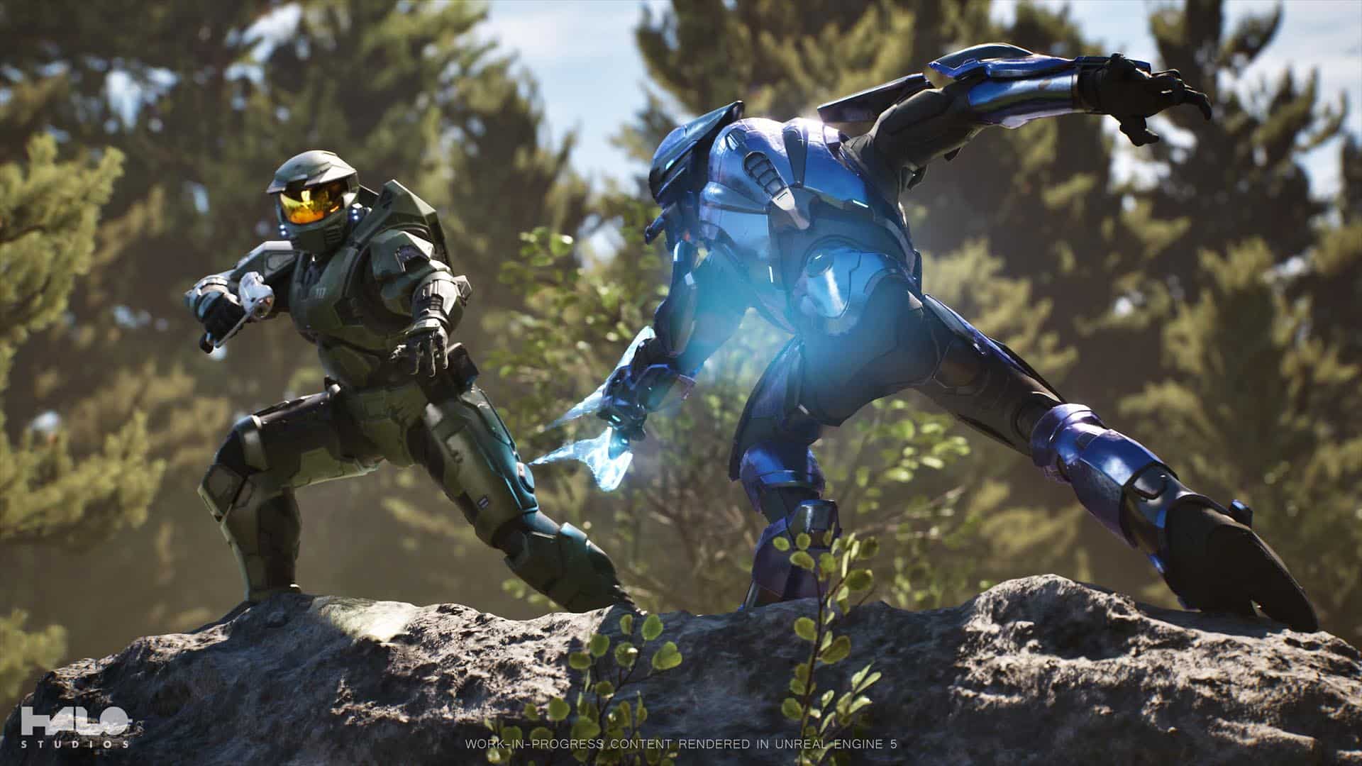 A scene from Project Foundry where Master Chief faces off on a rocky terrain with trees in the background against a Covenant Elite.