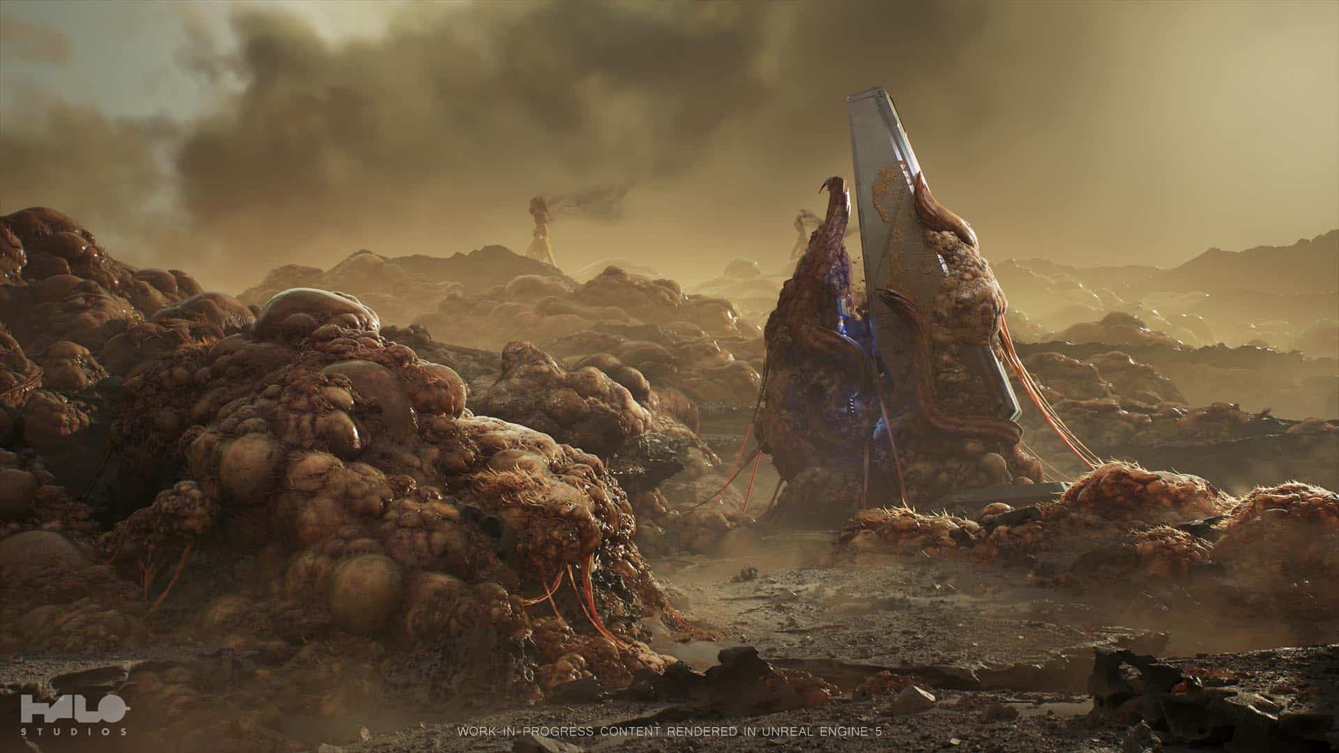 A scene from Project Foundry of an alien landscape with organic matter and a tall, metallic structure under a cloudy sky.