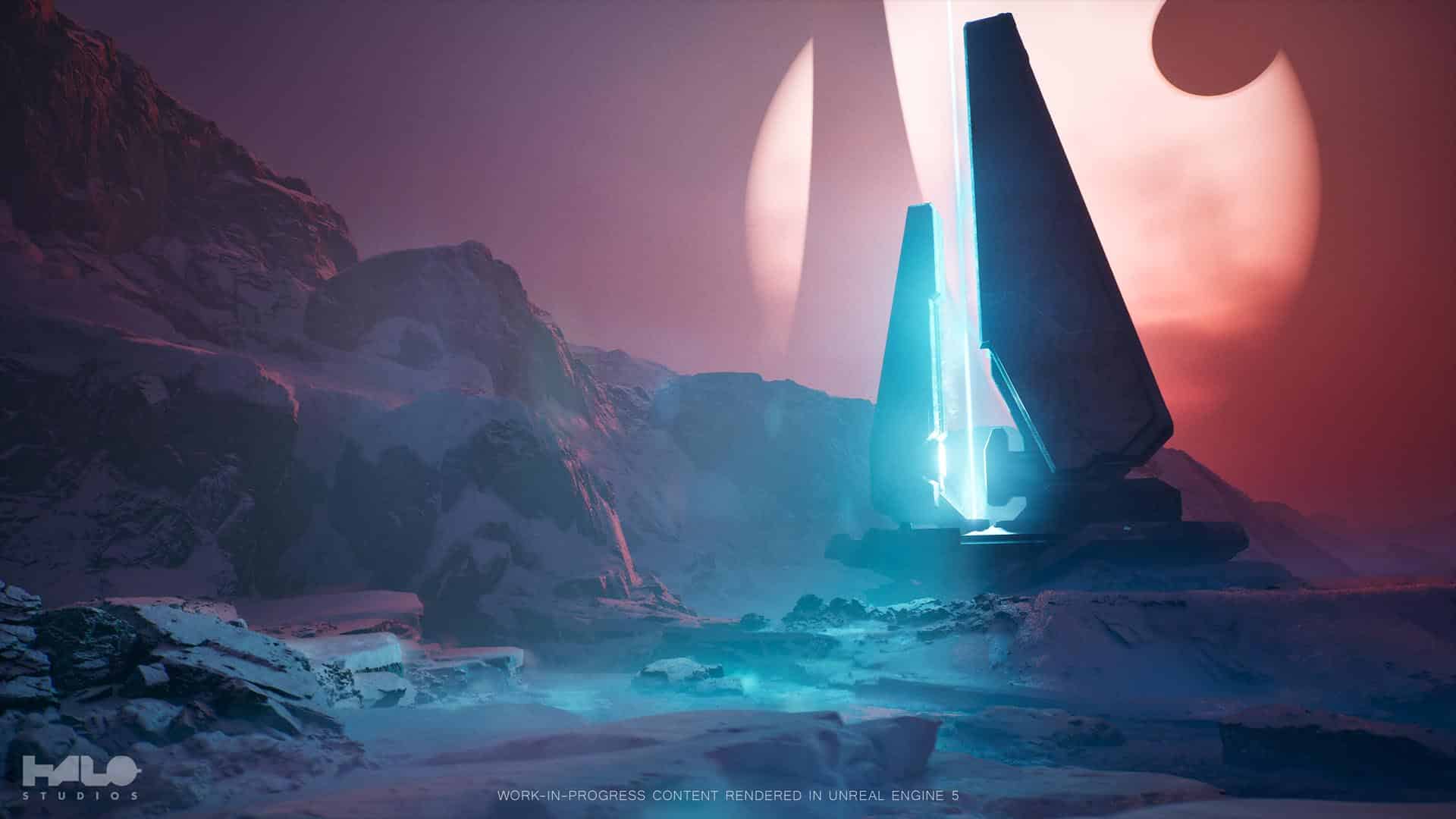 A scene from Project Foundry of futuristic monoliths glow in a snowy alien landscape under a large, glowing moon in a pink sky.