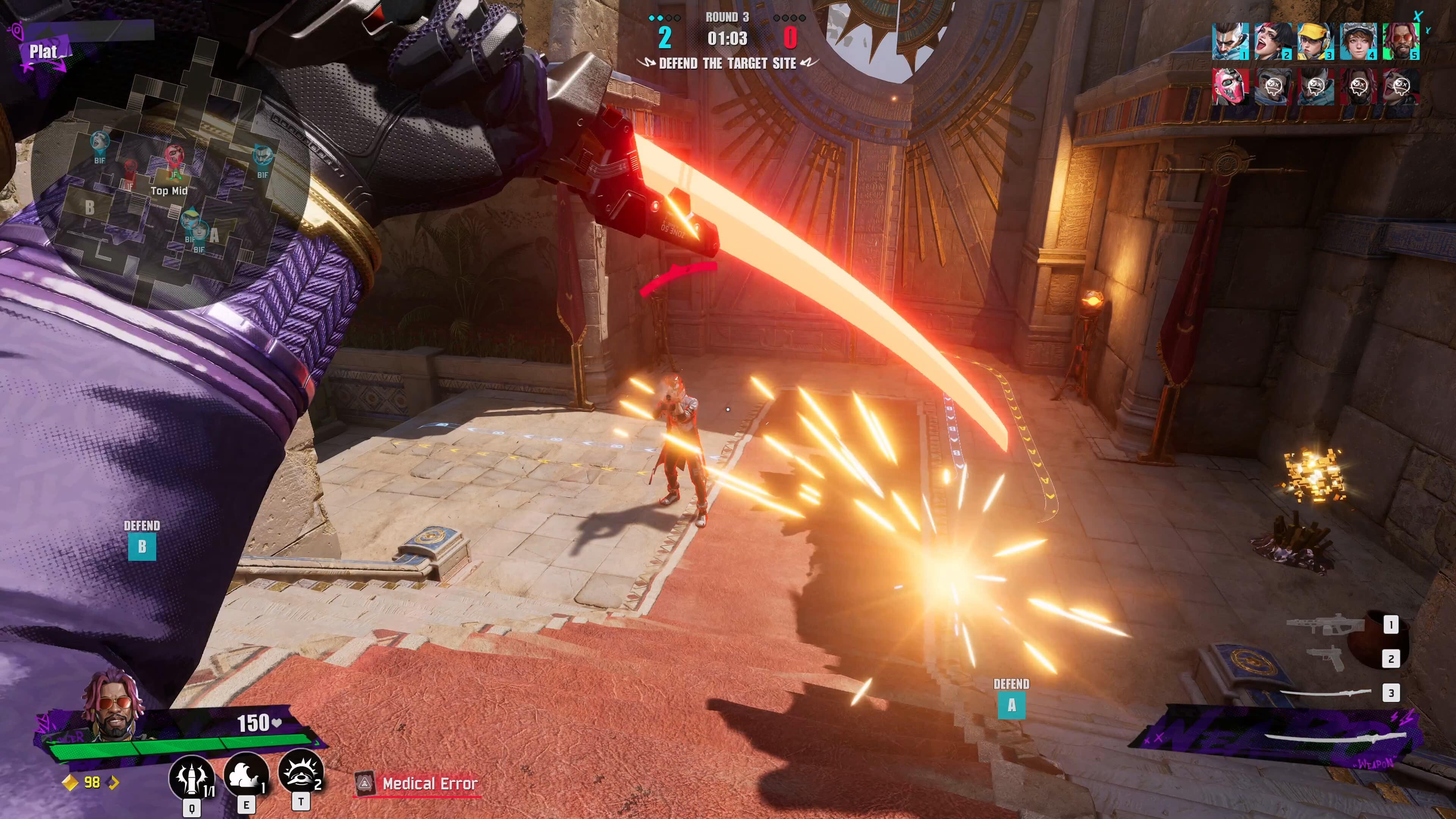 In the FragPunk closed beta, experience a first-person view as your video game character fiercely swings a glowing red sword at an opponent in an immersive medieval setting.