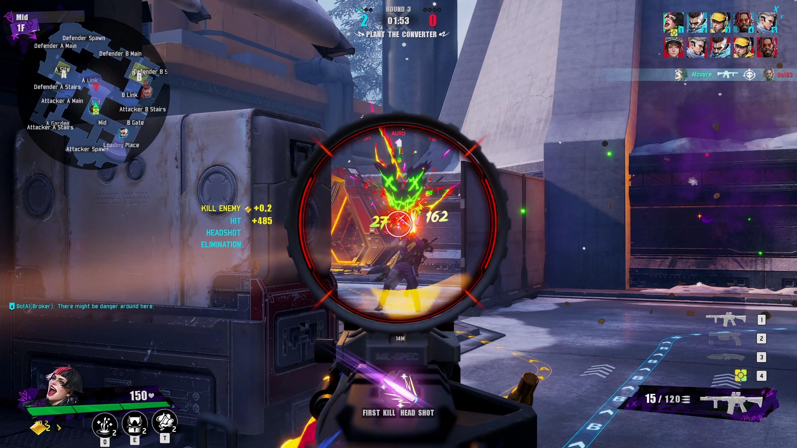 In the FragPunk closed beta, experience urban combat with a first-person shooter view, crosshair precision as you target enemies, and real-time score and stats displayed on screen.