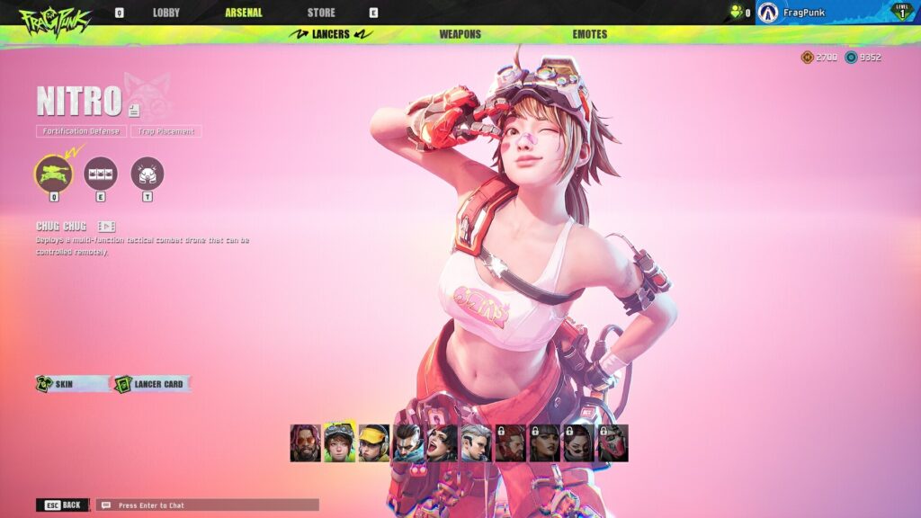 On the FragPunk closed beta, the character selection screen for "NITRO" bursts to life in a vibrant game interface, showcasing a stylized hero striking a dynamic pose.