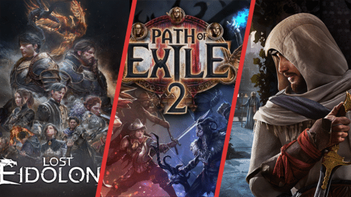 Collage of new games opting into GeForce NOW on Steam. Lost Eidolons, Path of Exile 2, Assassin's Creed Mirage