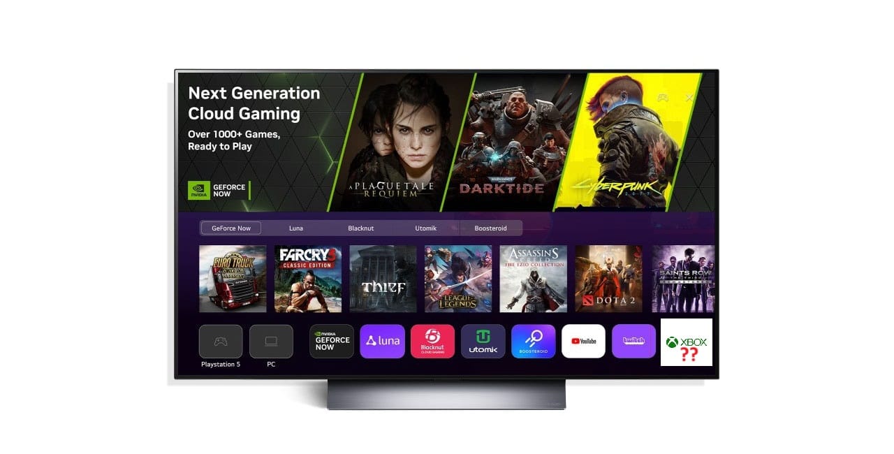 TV screen displaying a cloud gaming interface with various game icons and streaming platforms.