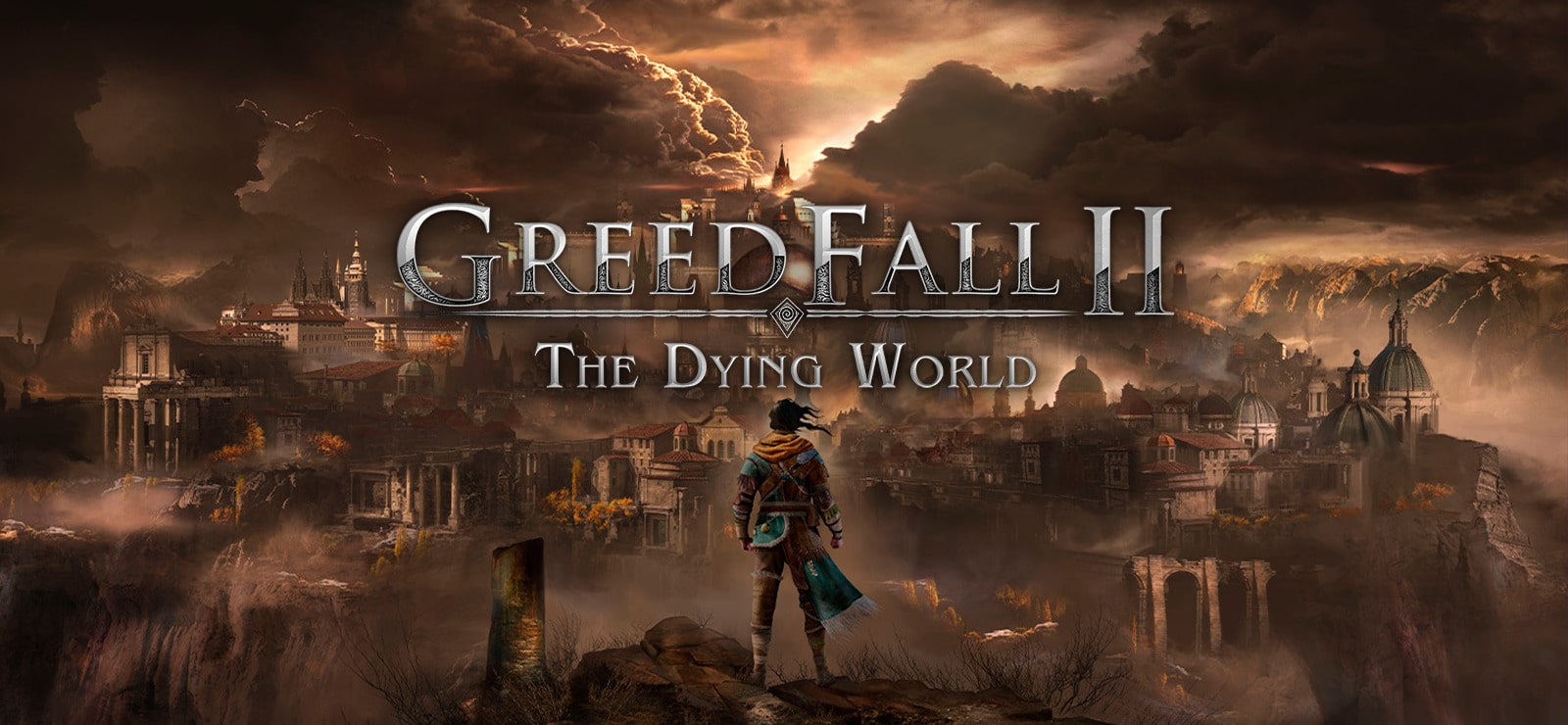 A lone figure stands before a dramatic, cloudy sky and a sprawling, ancient city in this captivating scene from GreedFall II: The Dying World.