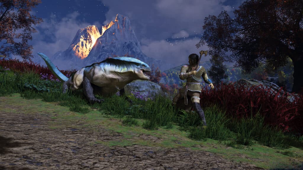 A traveler wielding a staff walks alongside a dragon-like creature on a path, with a mountain looming in the backdrop, reminiscent of an adventure from GreedFall II: The Dying World.