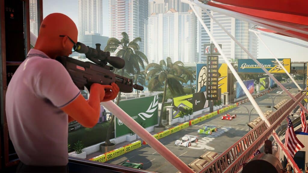 A scene from Hitman 3 Cloud Version for Nintendo Switch. From a high vantage point, a person aims a rifle at the racetrack below, where racing cars zoom by against the sprawling cityscape. Alongside this thrilling scene, whispers of Nintendo Switch 2's cloud gaming experience promise to redefine virtual adventures.