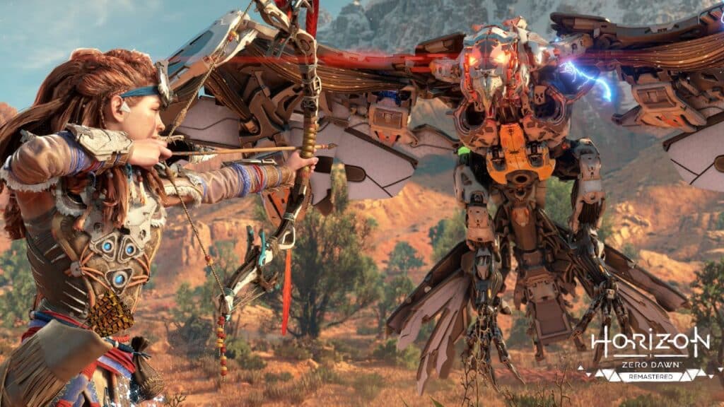 In a vast desert landscape, Aloy draws her bow, targeting a towering mechanical bird reminiscent of the machines in Horizon Zero Dawn Remastered.