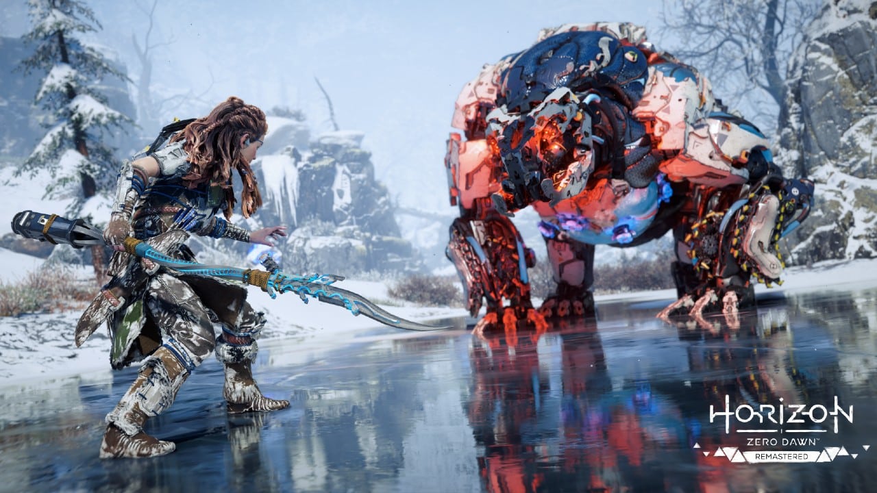 In Horizon Zero Dawn Remastered, Aloy bravely confronts a massive robotic creature amid the icy expanse, where strategy and courage blend to overcome mechanical might.