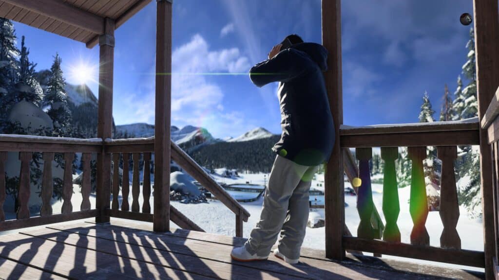 NHL 25 Screenshot - Player stands on a cabin porch in the winter.