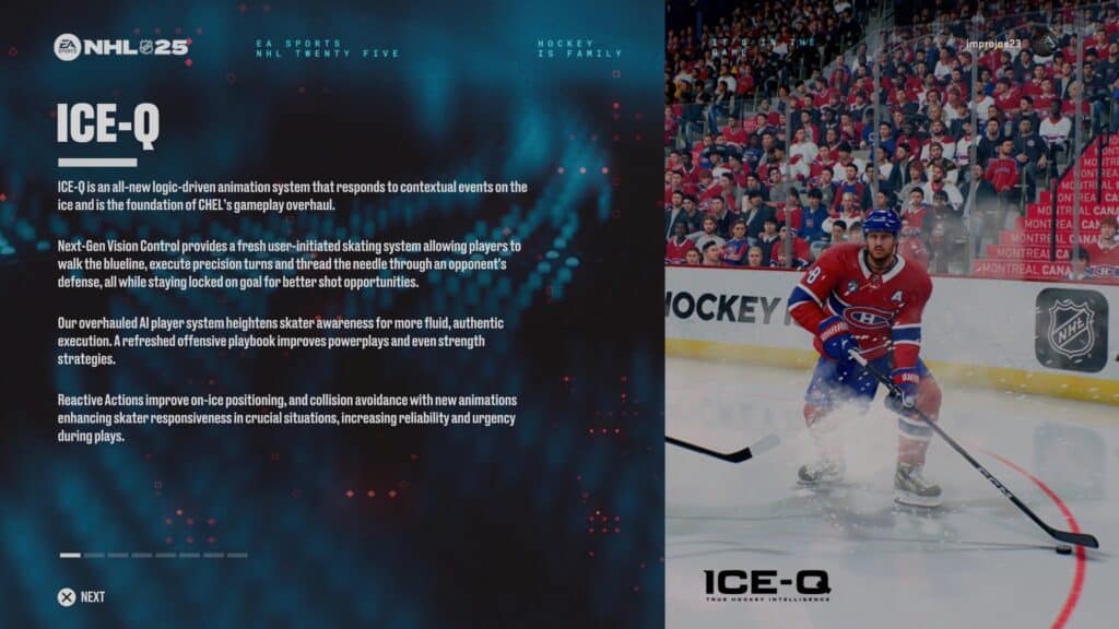 A hockey player glides effortlessly on the ice, spectators cheering in the background. On the left, a banner highlights the impressive ICE-Q animation system in NHL 25, praising its realism and immersive gameplay experience.