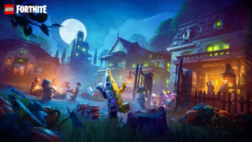 Under a full moon, Brick or Treat LEGO Fortnite characters stealthily explore a spooky village, creating an atmosphere filled with suspense and adventure.