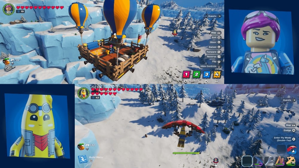 A scene from LEGO Fortnite with split-screen with the characters in vibrant outfits soar in hot air balloons over a stunning snowy landscape.