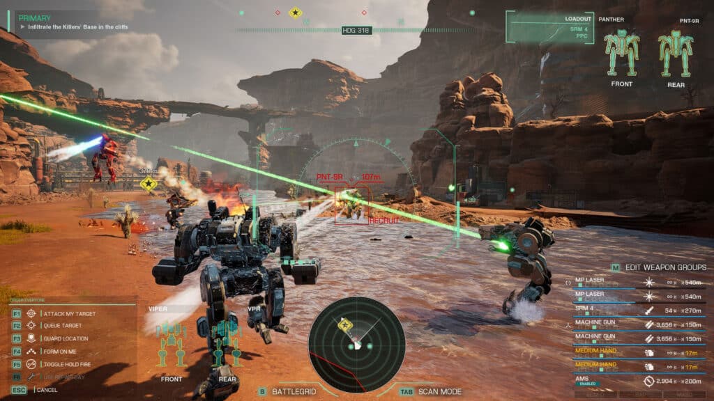 In MechWarrior 5: Clans, mechs battle fiercely in a rocky desert landscape, firing lasers and advancing on enemies with strategic precision. The game interface keeps you engaged as you command your war machines.