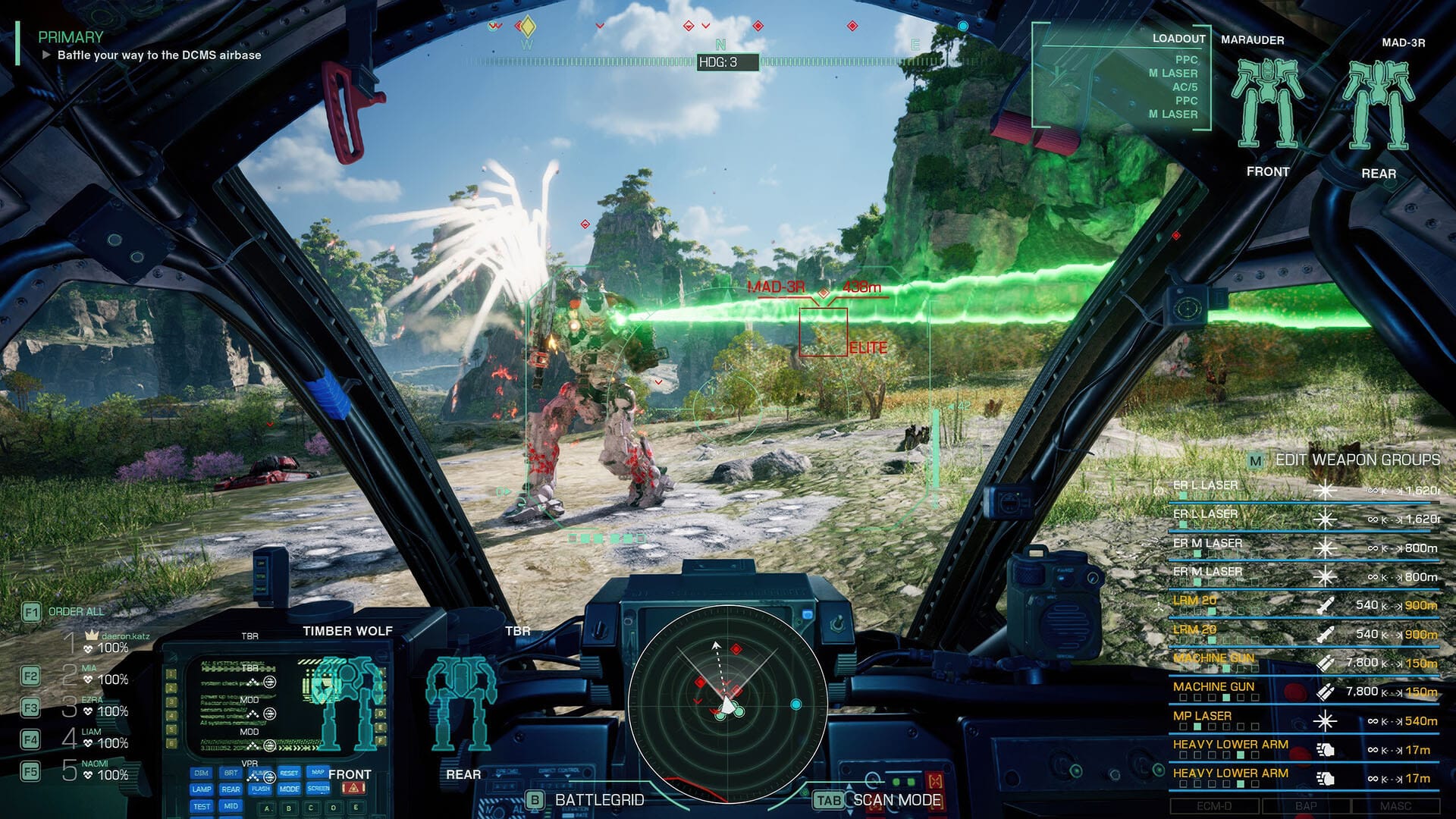 Engage in a first-person view from a MechWarrior 5: Clans cockpit, navigating a green landscape as you battle another mech and dodge flying projectiles.