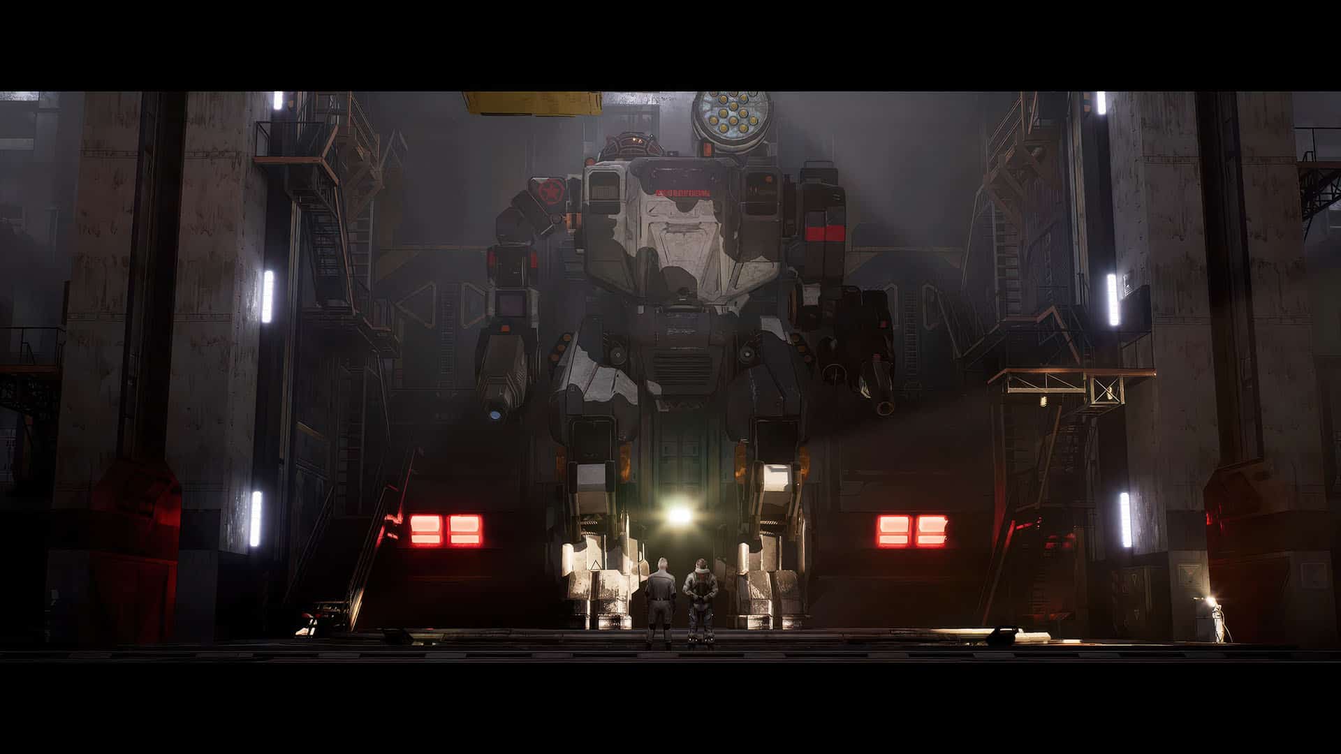 In a dimly lit hangar, a colossal mech from MechWarrior 5: Clans looms over two figures standing in its shadow.