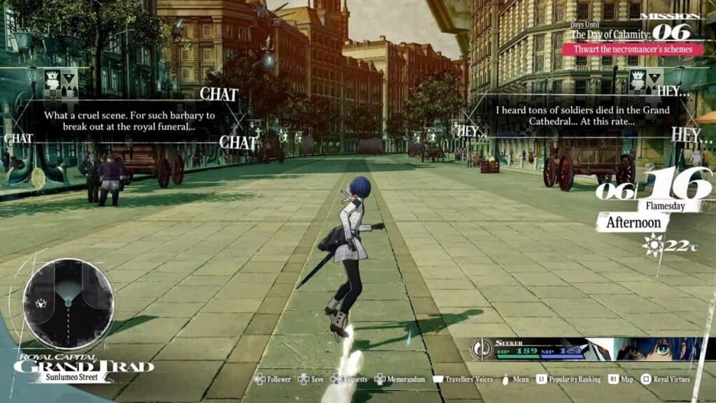 Amid the bustling royal capital city, a character navigates lively streets in Metaphor: Refantazio, where chat dialogues weave like threads in a tapestry and game UI elements dance around, blending fantasy and reality into a seamless ReFantazio adventure.