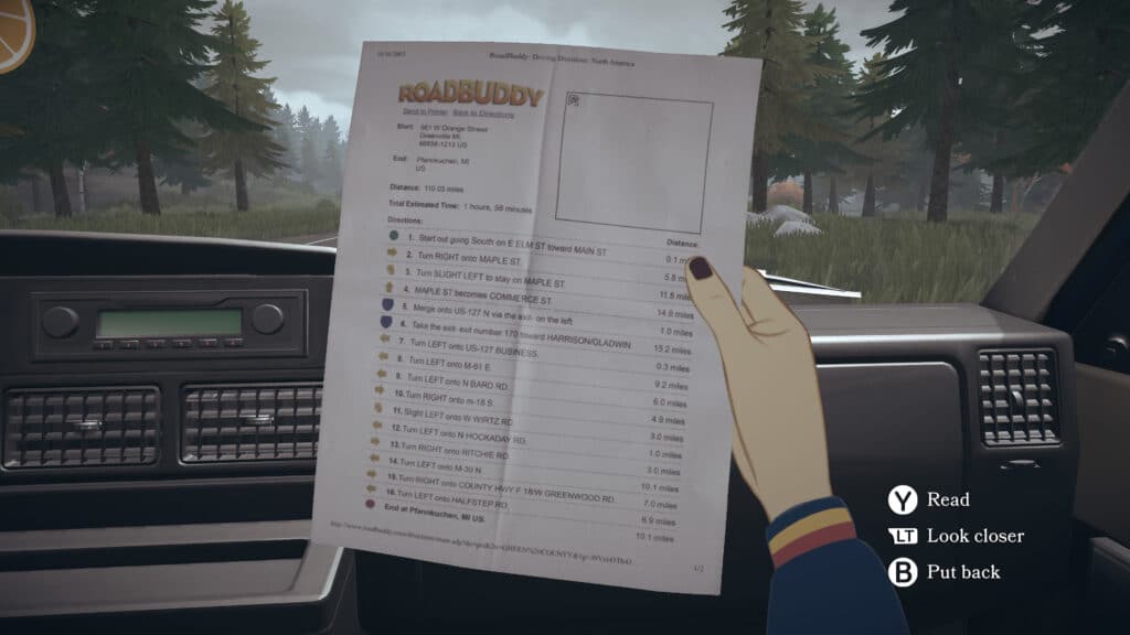 A scene from Open Roads where Tess holds a car journey checklist inside a vehicle, preparing for open roads ahead, with forest scenery visible through the window.