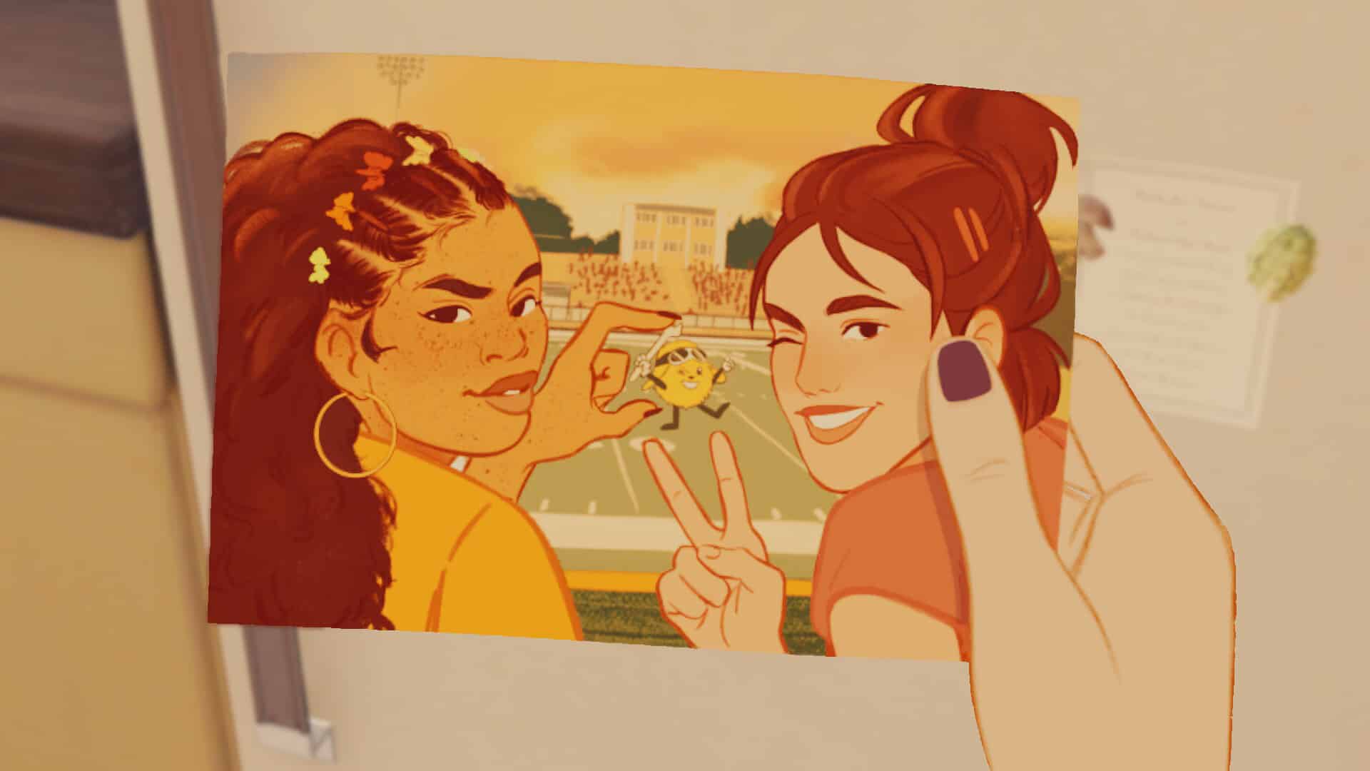 Two animated women, embodying the spirit of Open Roads, pose with peace signs at a stadium, perfectly framing a lively mascot in the background.