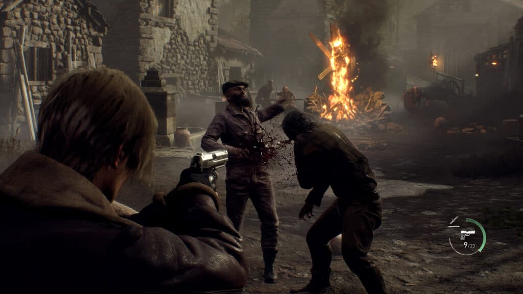 In a tense game scene from Resident Evil 4, the character frantically shoots at the villagers as flames engulf the village in the background.