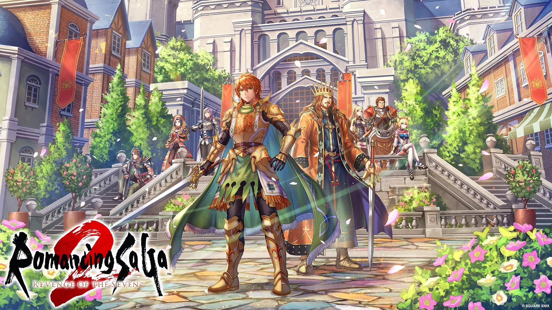 Fantasy game characters in armor stand in front of a castle with gardens, showcasing the Romancing SaGa 2: Revenge of the Seven logo.