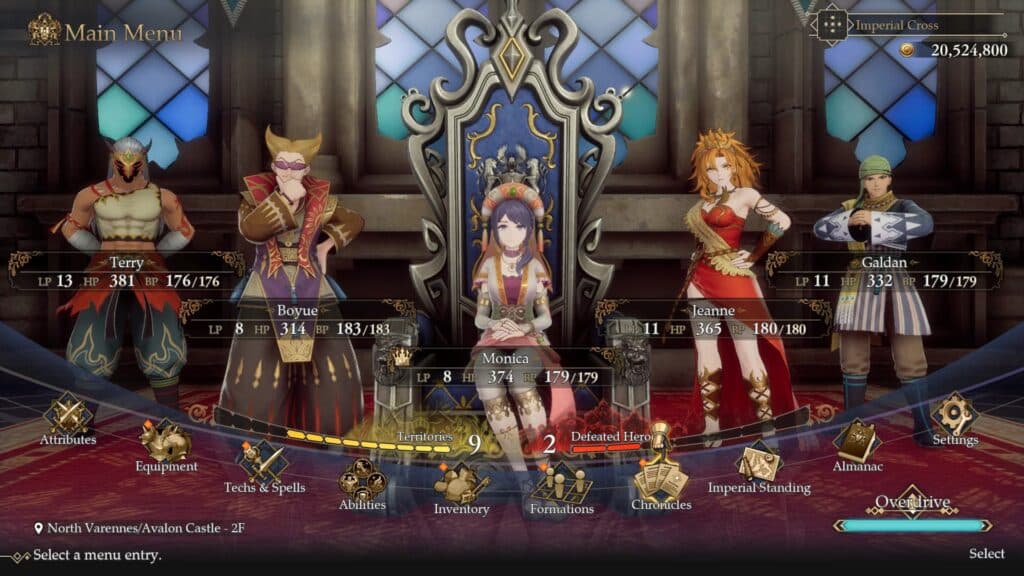 Game menu from Romancing SaGa 2: Revenge of the Seven, five characters strike dynamic poses in unique outfits. Their stats and a variety of options elegantly line the screen's bottom, inviting strategic engagement.