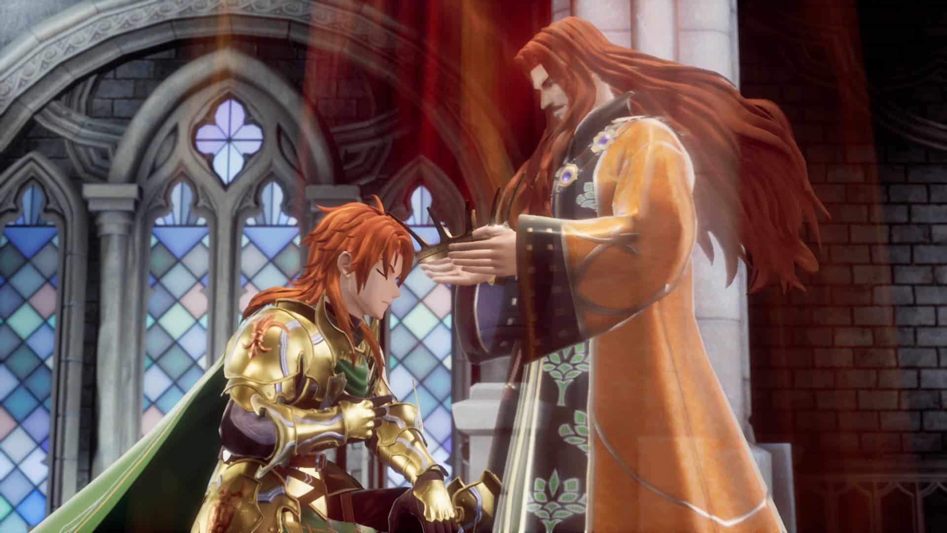 A knight kneels before a figure in a flowing robe inside a grand hall with stained glass windows, in a scene from Romancing SaGa 2: Revenge of the Seven, where valor and destiny entwine.