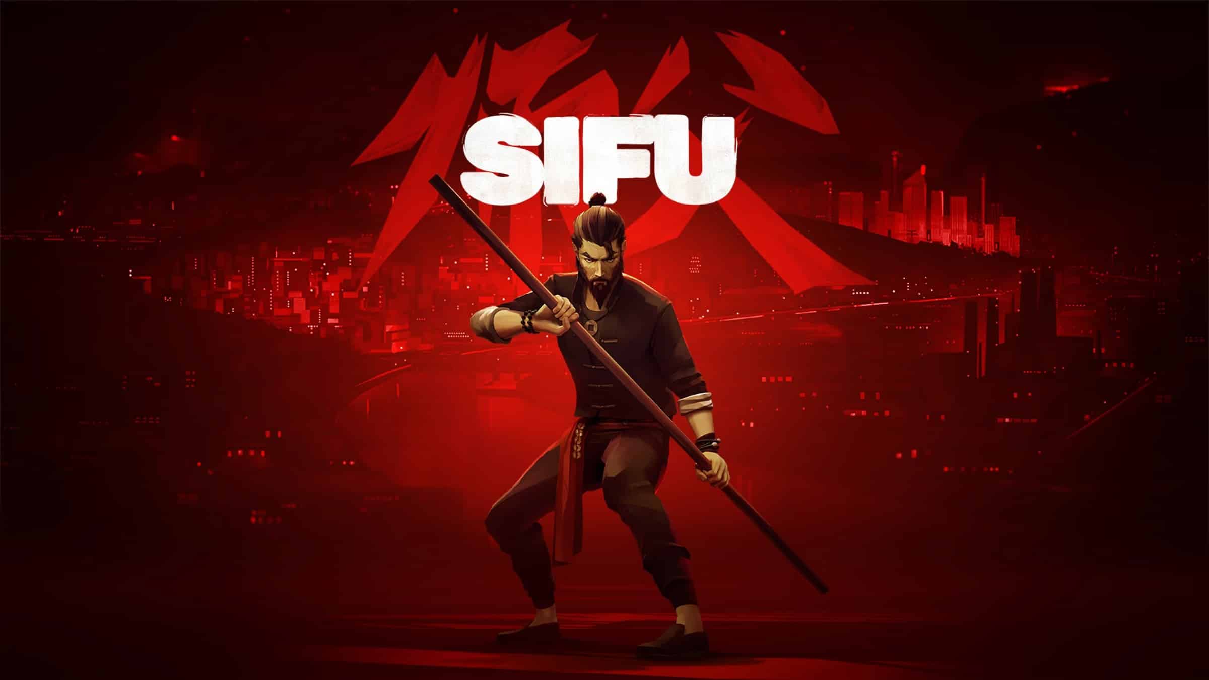 A martial artist strikes a pose with a staff set against a vivid red backdrop, prominently featuring the bold Sifu text.