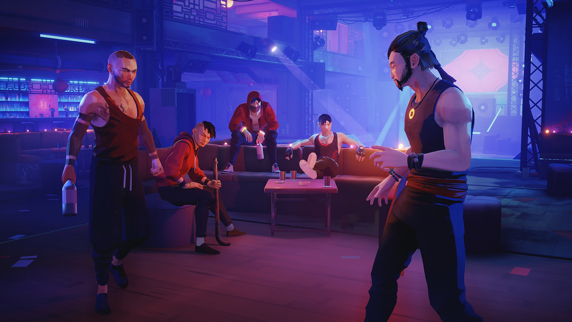 Animated characters in a neon-lit club scene in Sifu engage in a tense standoff, reminiscent of a Sifu showdown, with bottles in hand.