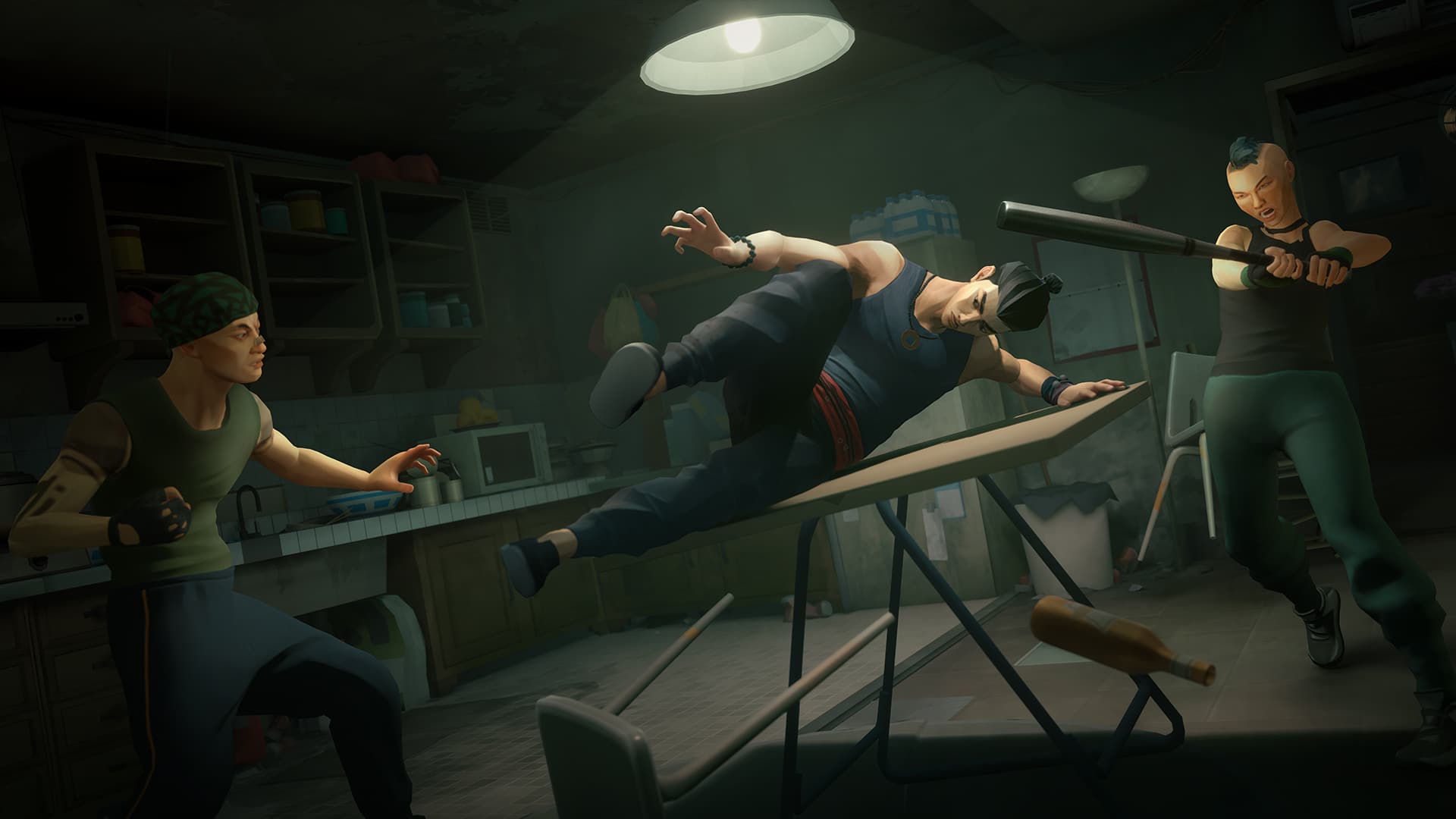 In the dimly lit room, the three fighters clash with intense precision reminiscent of Sifu; one leaps over a table while the others launch attacks with fists and a bat.