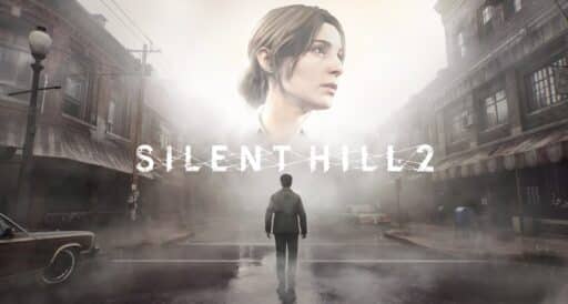 James Sunderland in a foggy street, the haunting face of a woman looming in the sky, with Silent Hill 2 Remake ominously inscribed across the scene.