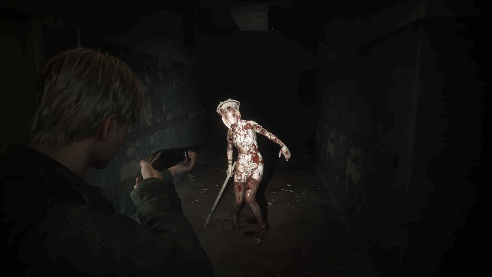 In a dark, dilapidated hallway reminiscent of Silent Hill 2 remake, a person aims a weapon at a zombie-like figure.