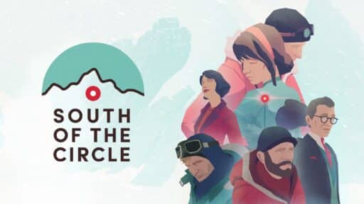 Illustrated characters braving the cold in stylish gear stand prominently beside the South of the Circle logo, set against a serene snowy backdrop.