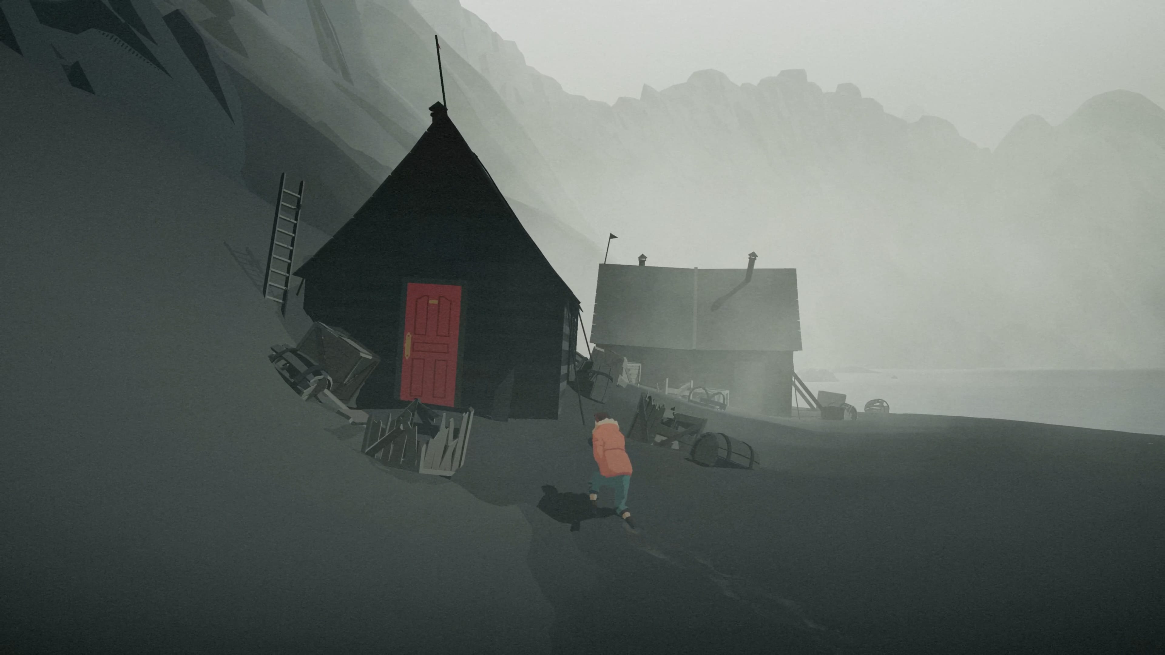 A person in a red coat walks toward a small, dark cabin with a red door, set against the misty backdrop reminiscent of scenes from South of the Circle.