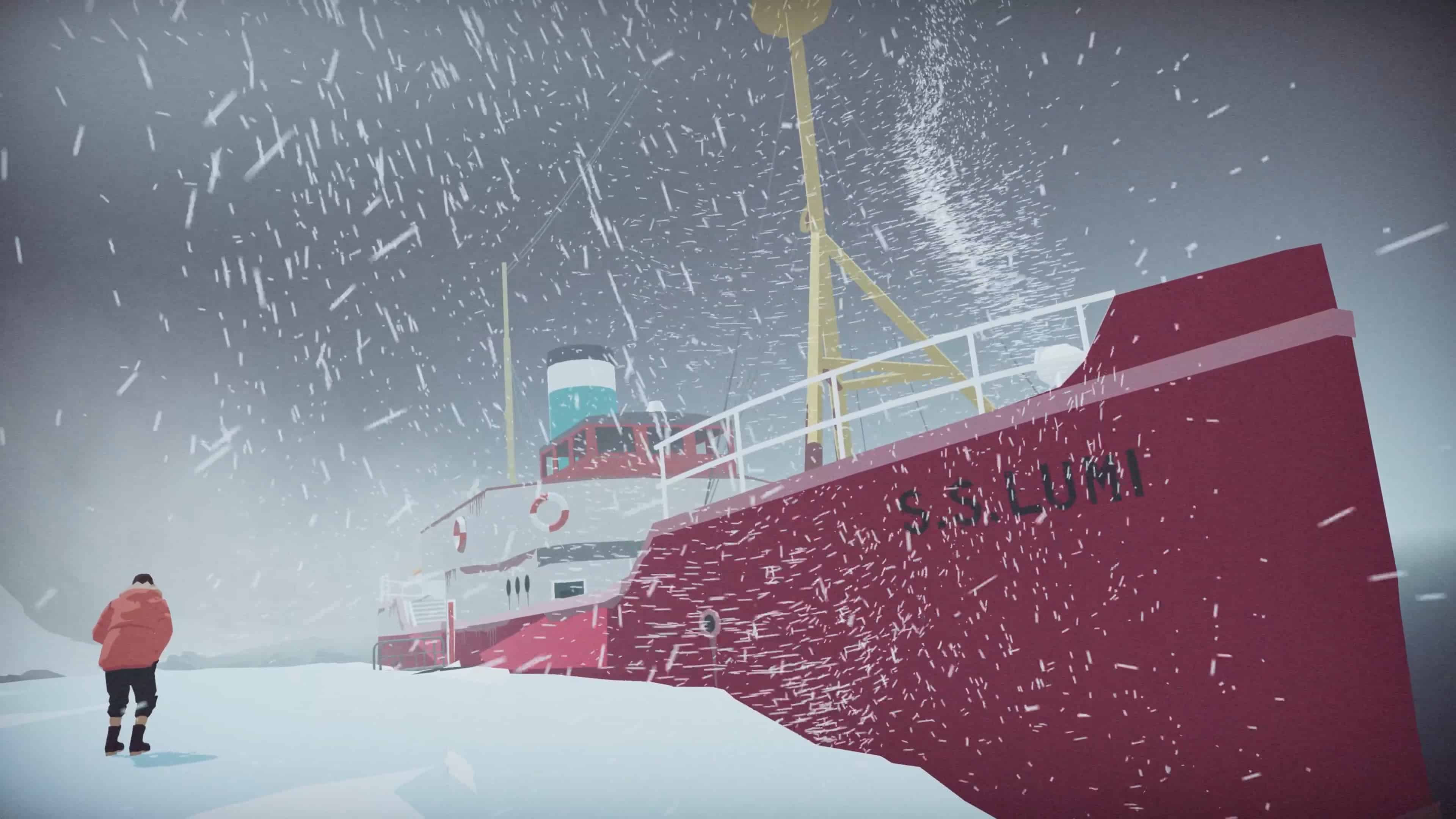 Amid a relentless snowstorm under a gray sky, the silhouette of a person emerges, trudging toward the crimson vessel "S.S. Lumi," as if navigating through South of the Circle's chilling embrace.