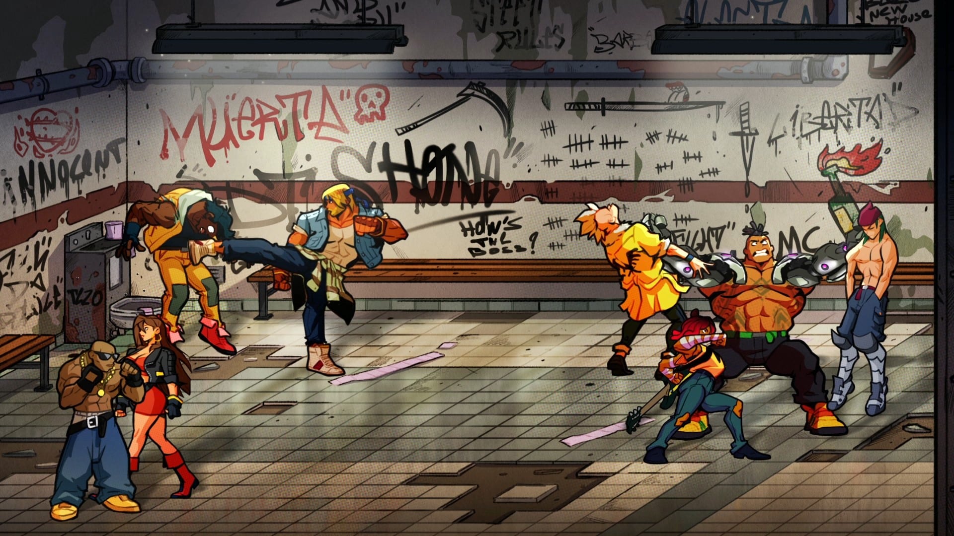 Street fight scene with various characters battling in a graffiti-covered urban setting, from of Streets of Rage 4.