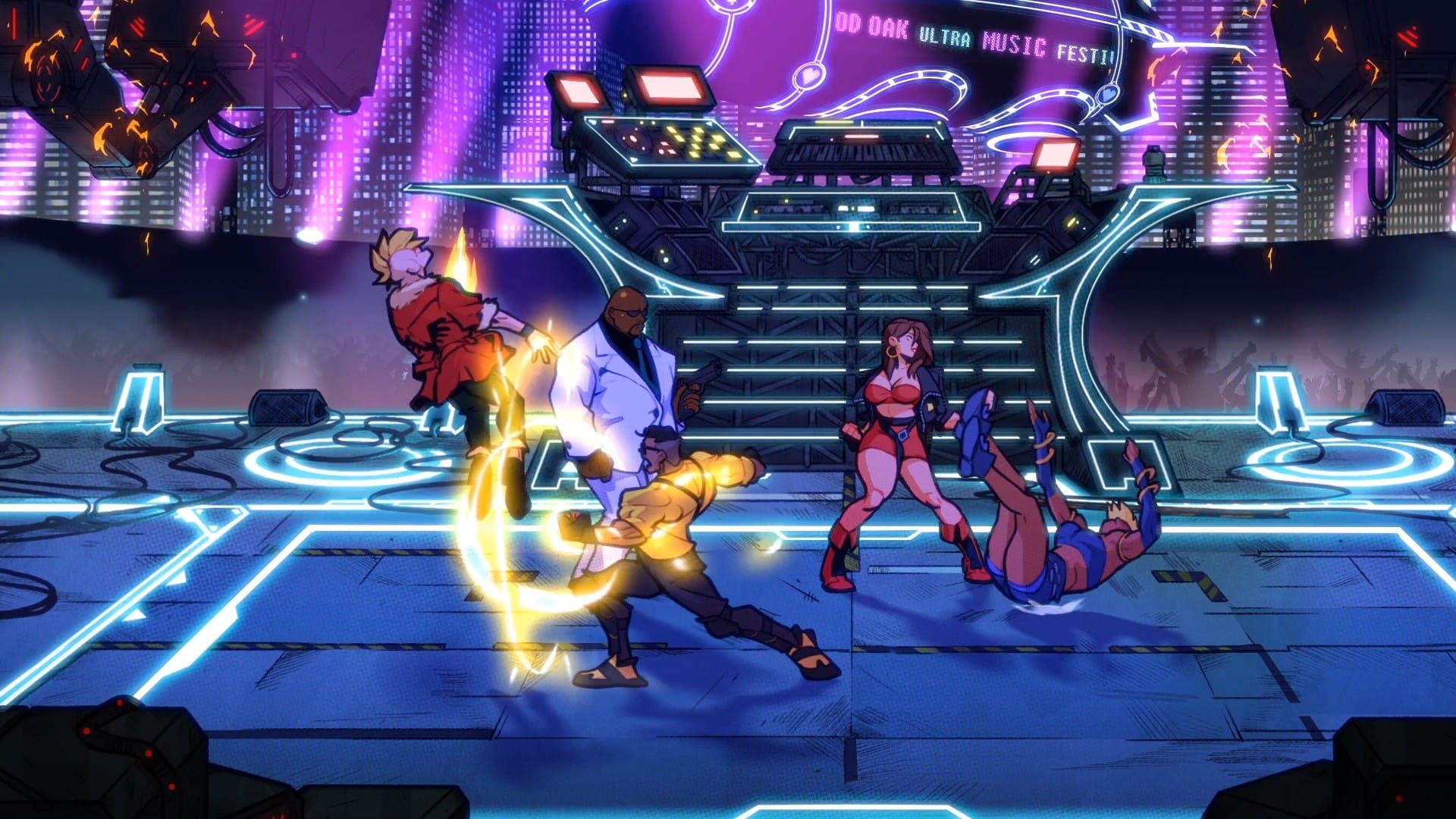 A vibrant, animated fight scene from Streets of Rage 4, with five characters battling on a futuristic stage at a music festival.