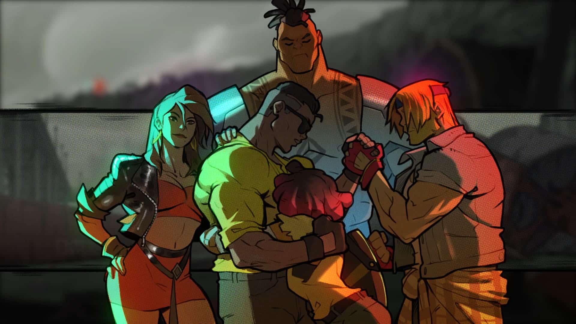 Axel, Adam, Cherry, Blaze, and Floyd from Streets of Rage 4 stand together in a supportive pose, showcasing unity and strength.