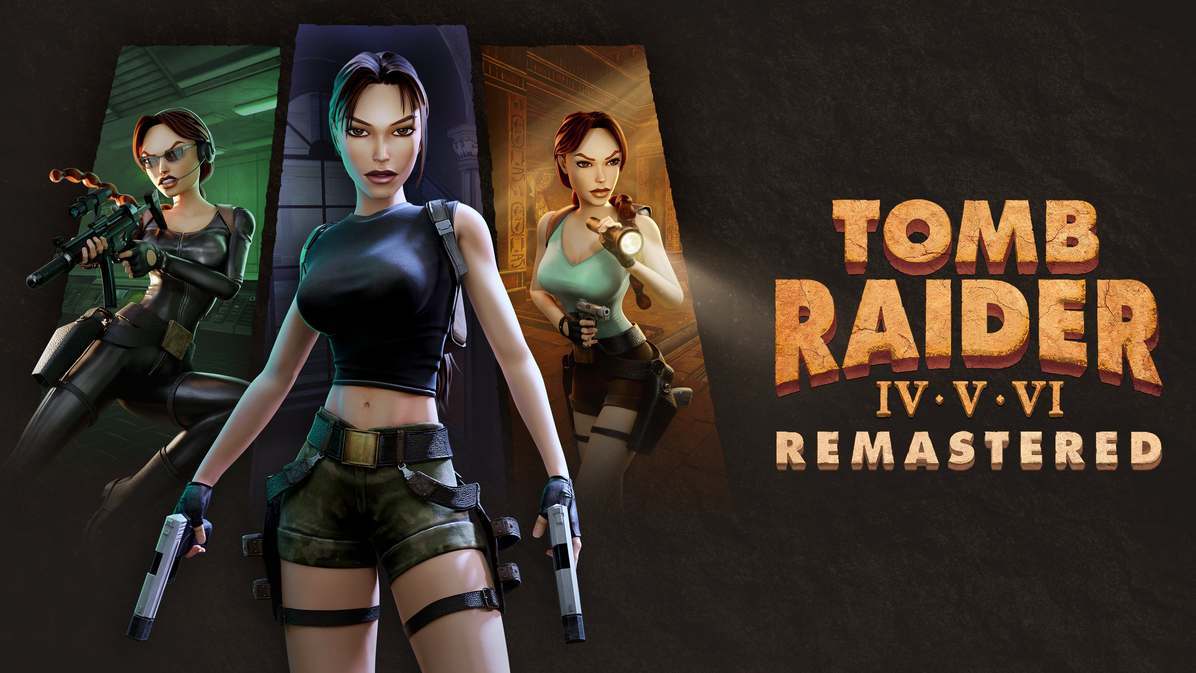 Three versions of Lara Croft posing with weapons. Text reads: "Tomb Raider IV V VI Remastered.