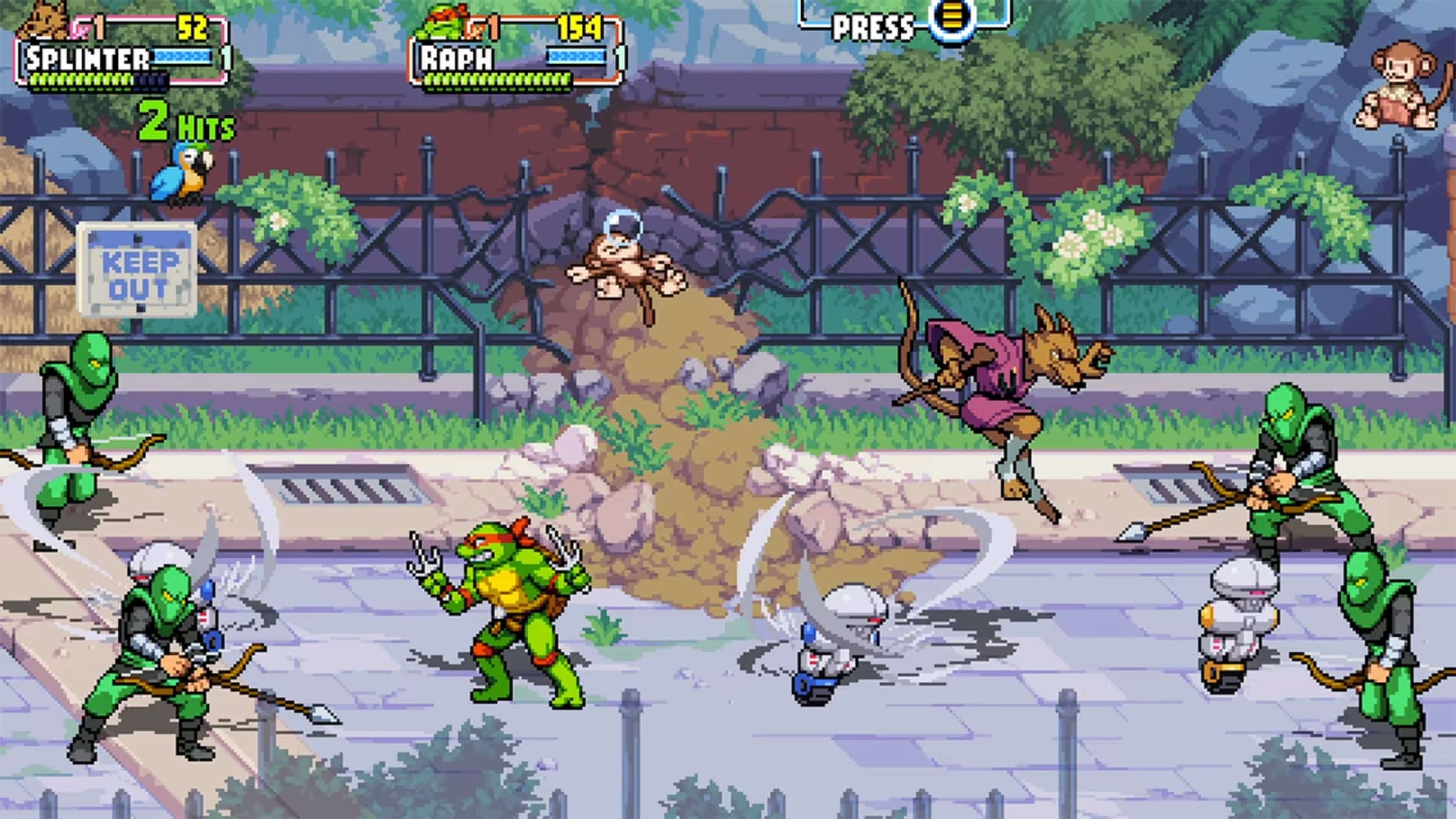 A scene from Teenage Mutant Ninja Turtles: Shredder's Revenge, in a street battle with comic book style graphics.