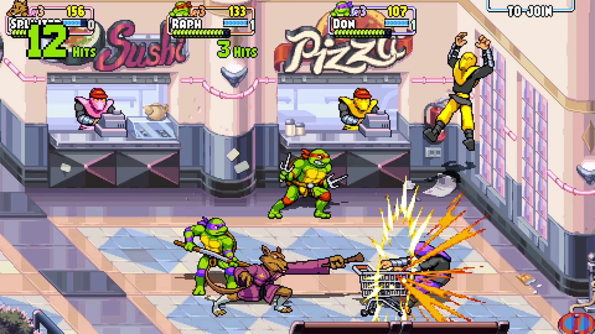 Pixel art of the Teenage Mutant Ninja Turtles: Shredder's Revenge showcases the turtles battling foes in a retro arcade-style game set in a vibrant pizza and sushi restaurant.