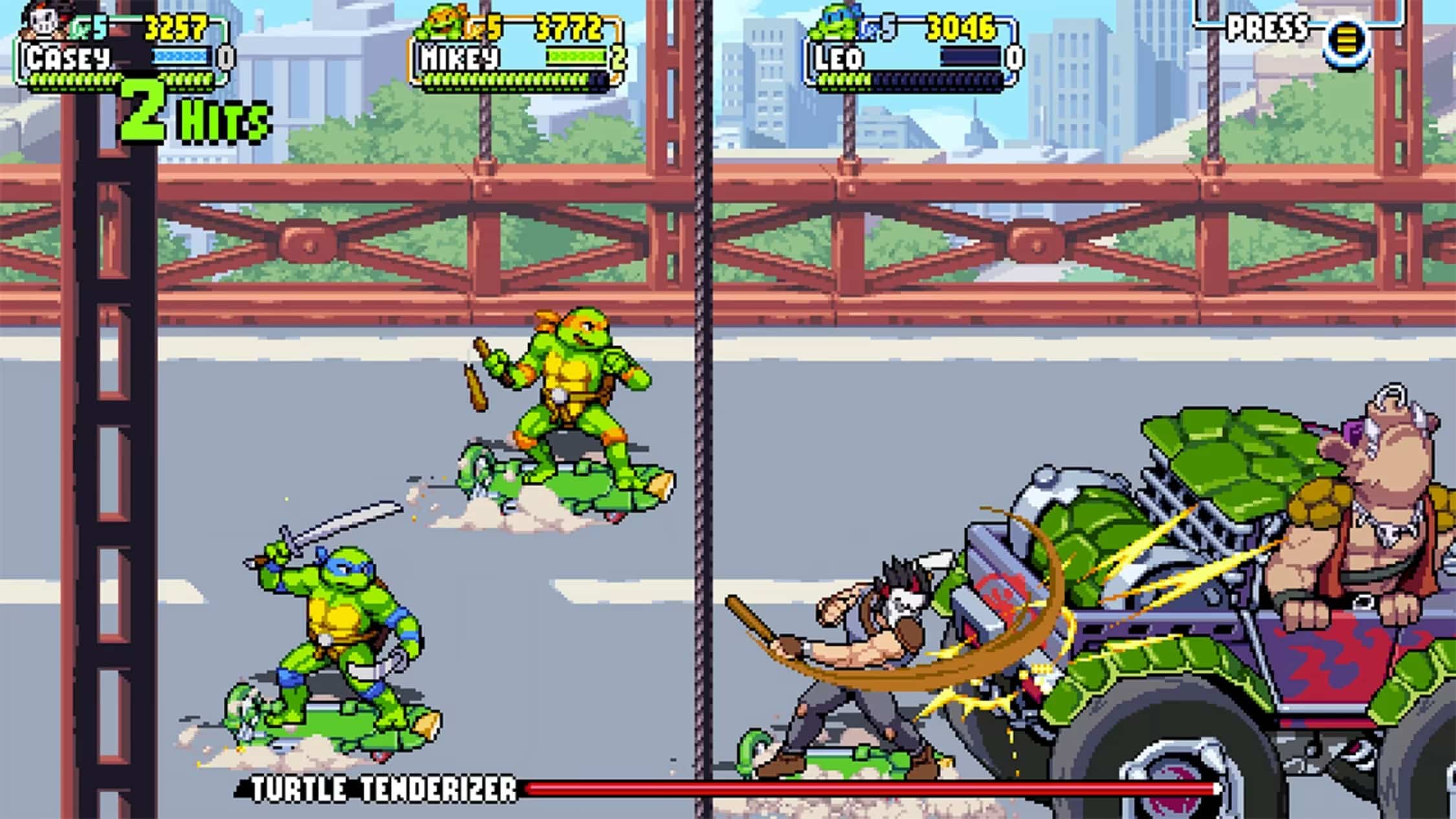 In a vibrant video game scene, Teenage Mutant Ninja Turtles: Shredder's Revenge unfolds as pixelated turtles and warriors battle on a bridge against armored foes.