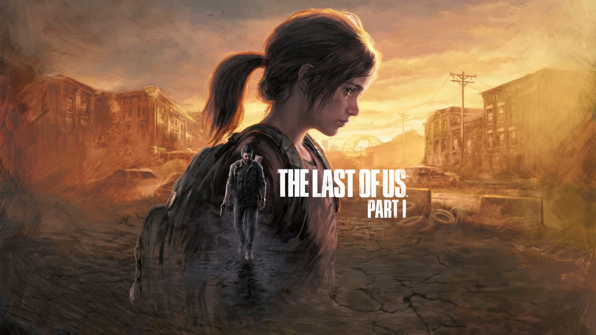 A captivating artwork captures a young girl named Ellie with a backpack as Joel approaches under an orange sky, echoing the essence of The Last of Us Part I.