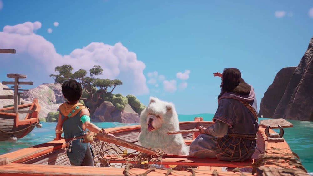 From The Legend of Baboo during the Xbox Partner Preview October 2024, two people and a white fluffy dog rowing a boat under a blue sky.