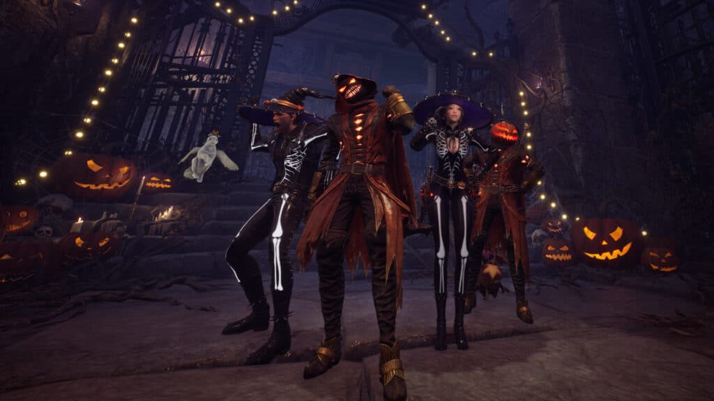 Four people in Halloween costumes pose among jack-o'-lanterns and spooky decorations, celebrating the Throne and Liberty Haunted Harvest theme with eerie delight.