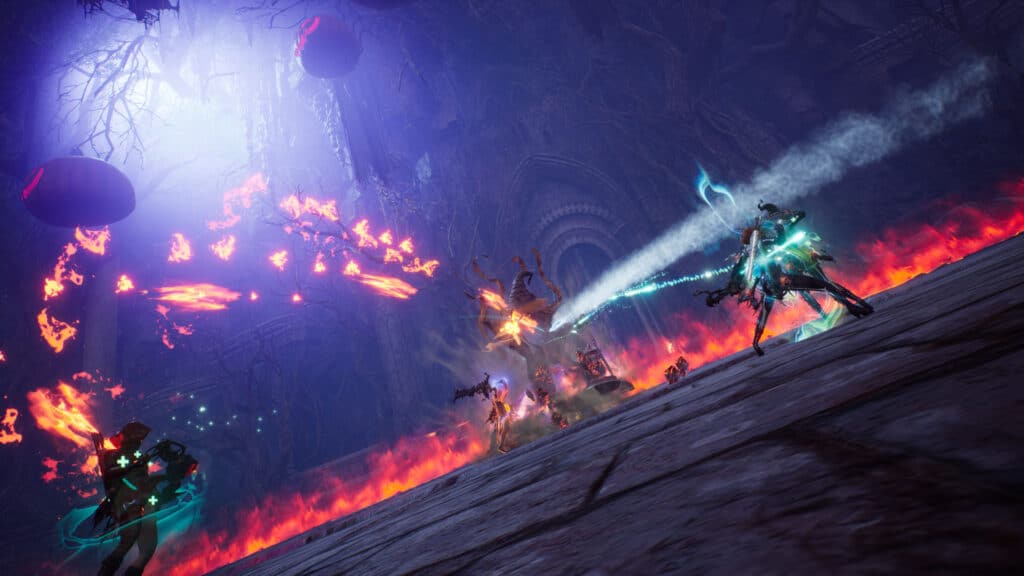 A scene from Throne and Liberty Haunted Harvest event. Amidst a futuristic battle scene, where glowing weapons clash and flying creatures soar, a fiery barrier defends an ominous throne. In this dark, otherworldly environment, the atmosphere feels like an eerie haunted harvest—intense and mesmerizing.