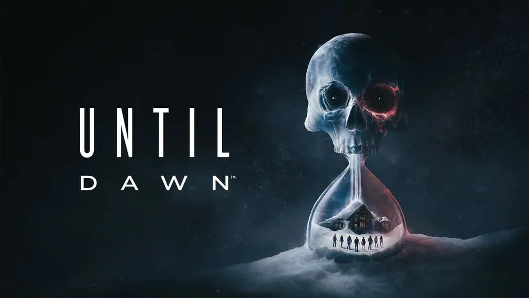 The cover art for Until Dawn (2024) showcases a haunting skull hourglass encapsulating a cabin and its inhabitants, hinting at the chilling saga that awaits.